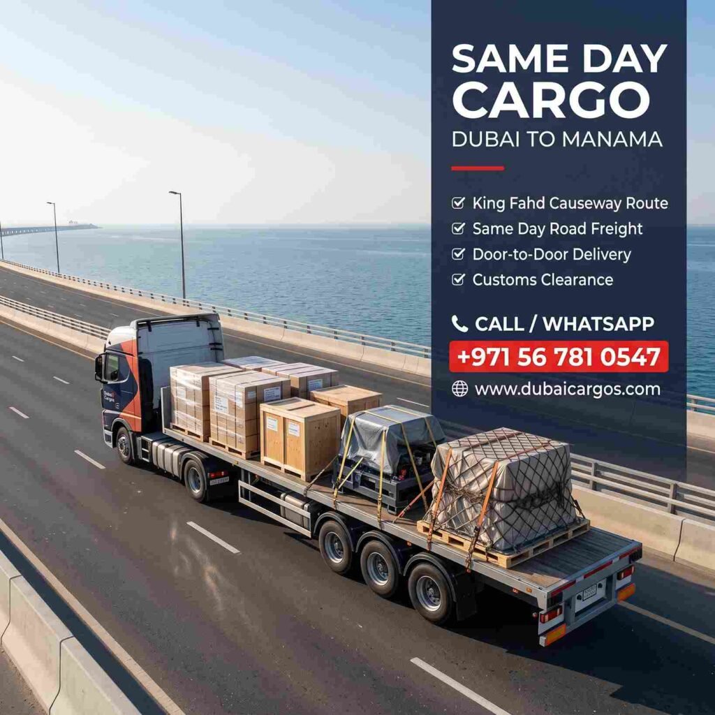 cargo from Dubai to Manama Bahrain same day road freight King Fahd Causeway Dubai Cargos