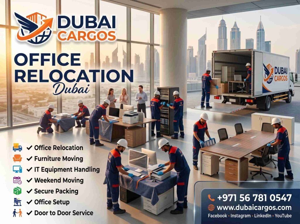 Professional office relocation Dubai by Dubai Cargos with office furniture moving, IT equipment transport, workstation installation and corporate relocation services.